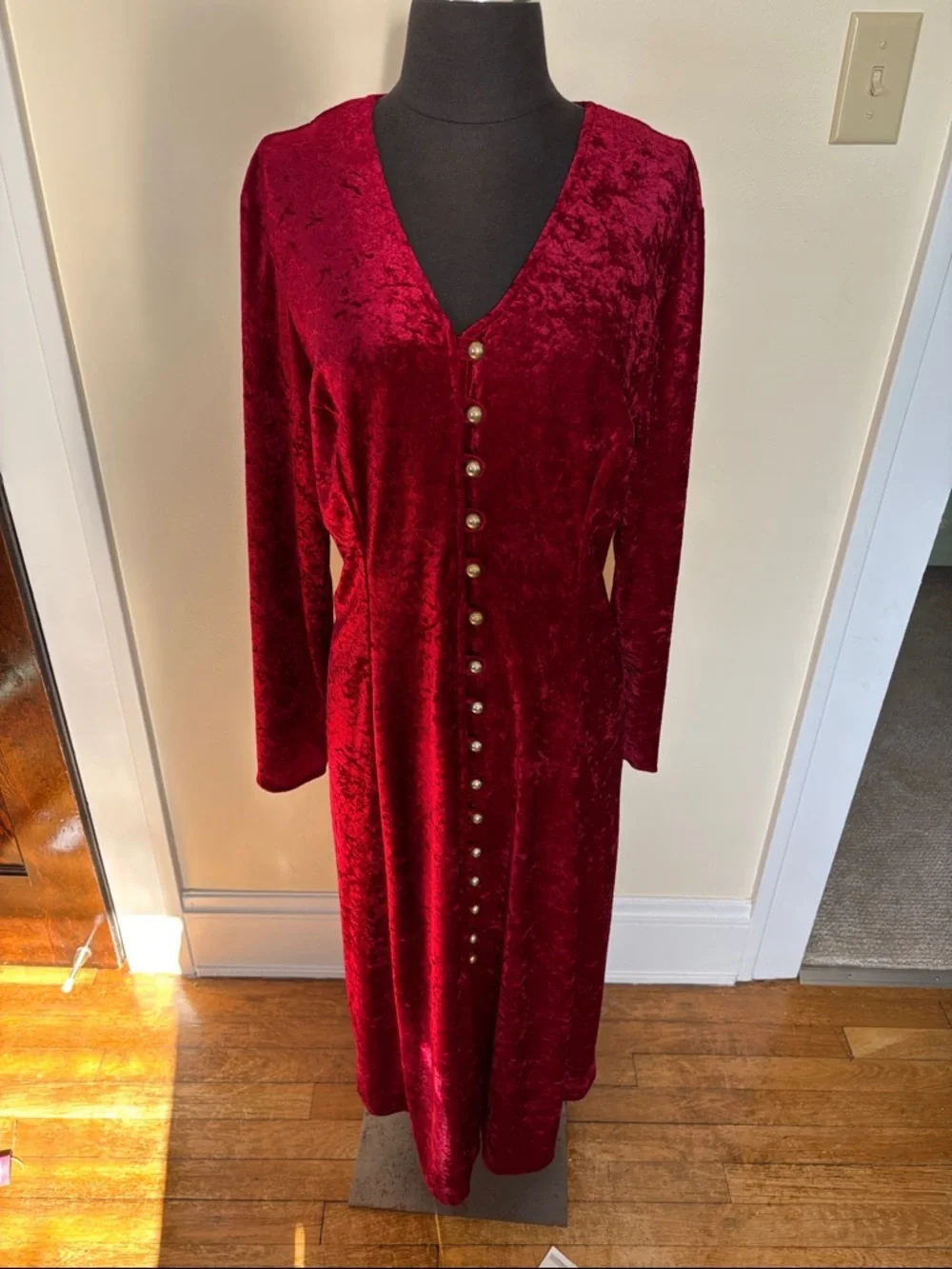 Vintage Red Crushed Velvet Long Sleeve Full Button-Front Corset Back